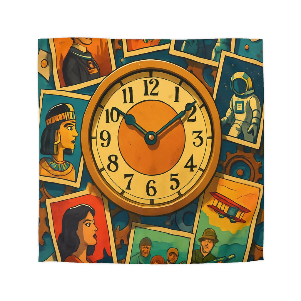 Housse de couette illustrant l'histoire colorée avec des figures emblématiques du temps et de l'espace