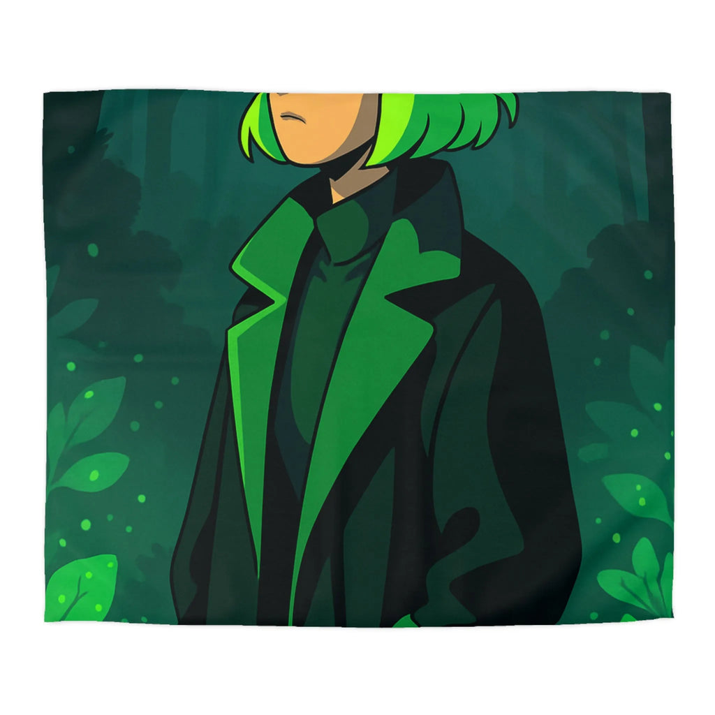 Housse de couette forêt graphique avec personnage mystérieux et nuances vertes élégantes