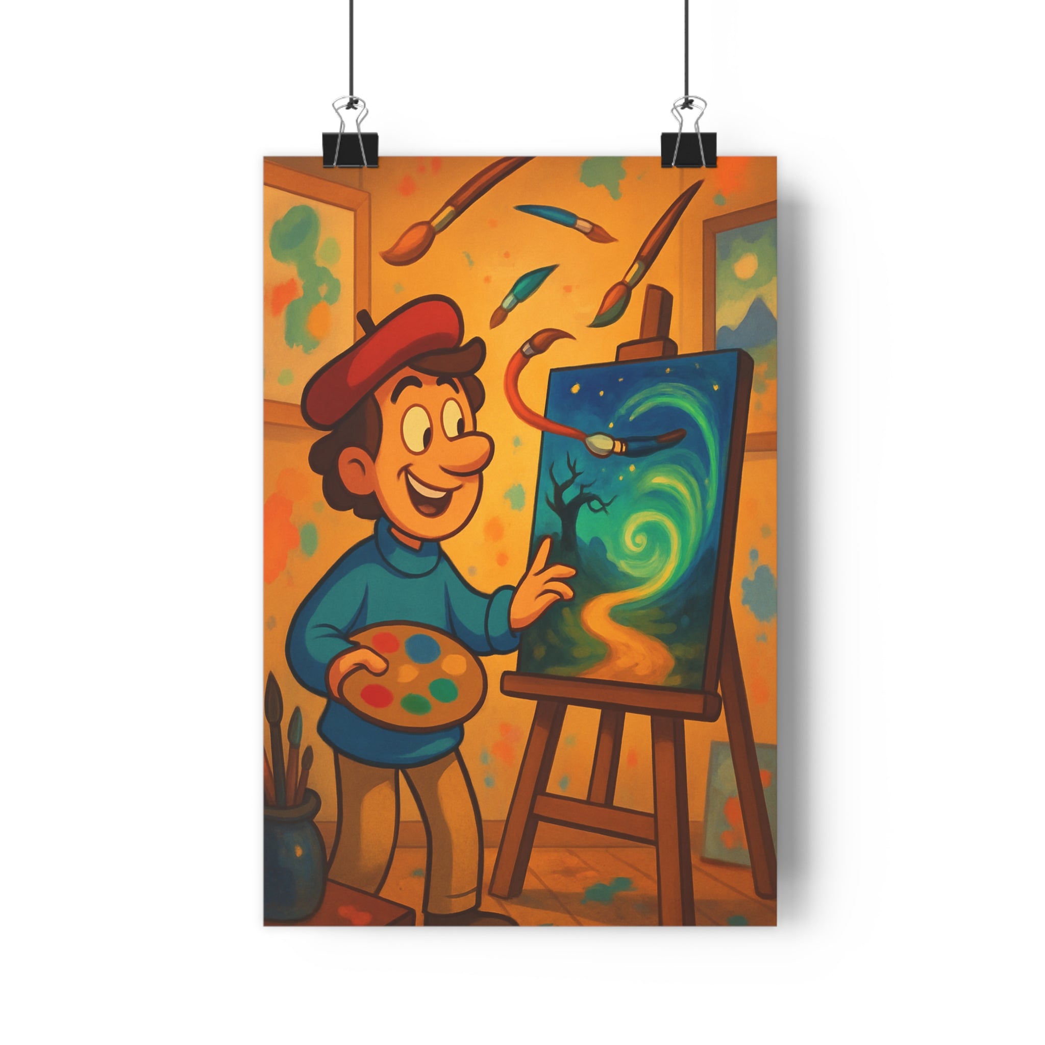 Poster décoratif joyeux art cartoon vibrant bleu rouge jaune atelier tableau dynamique peinture ambiance