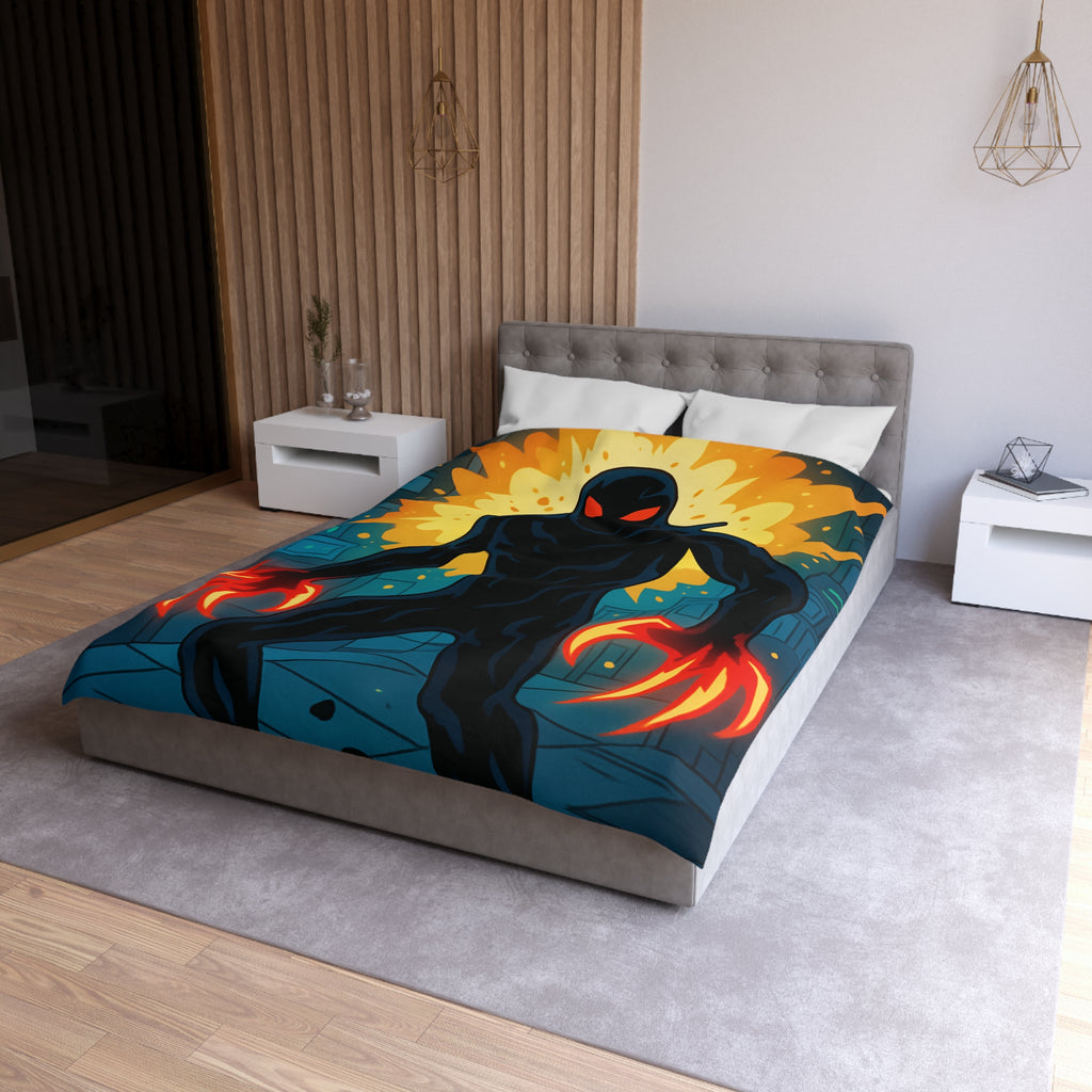 Housse de couette sombre avec créature enflammée aux griffes lumineuses