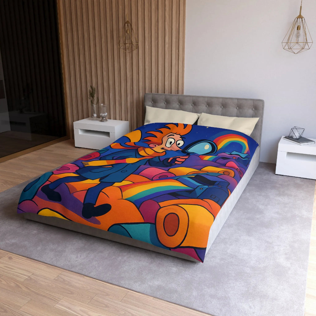 Explorez les couleurs et mystères sur housse de couette lumineuse avec détective fantaisiste