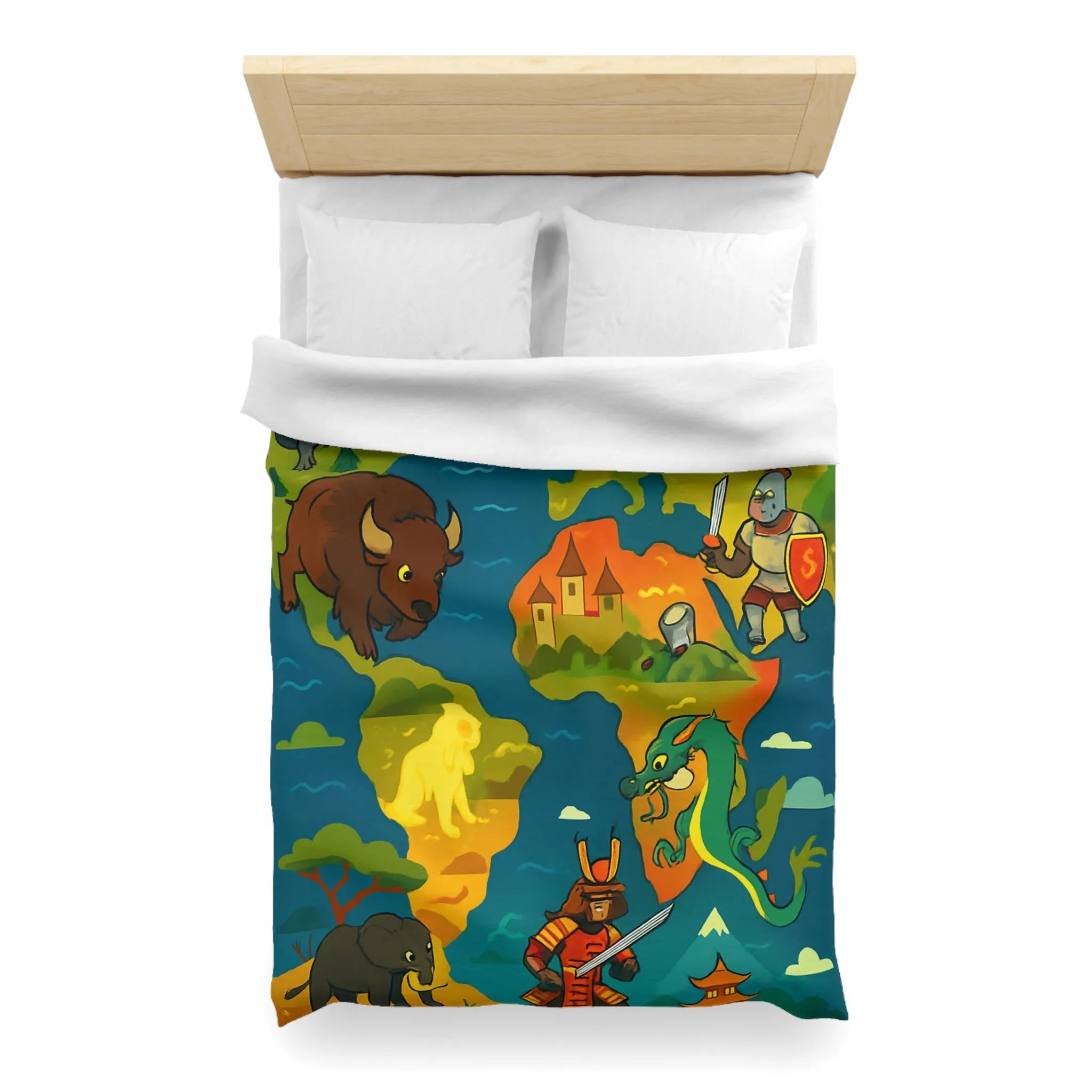 Housse de couette épique avec dragons, samouraïs et créatures légendaires au style coloré.