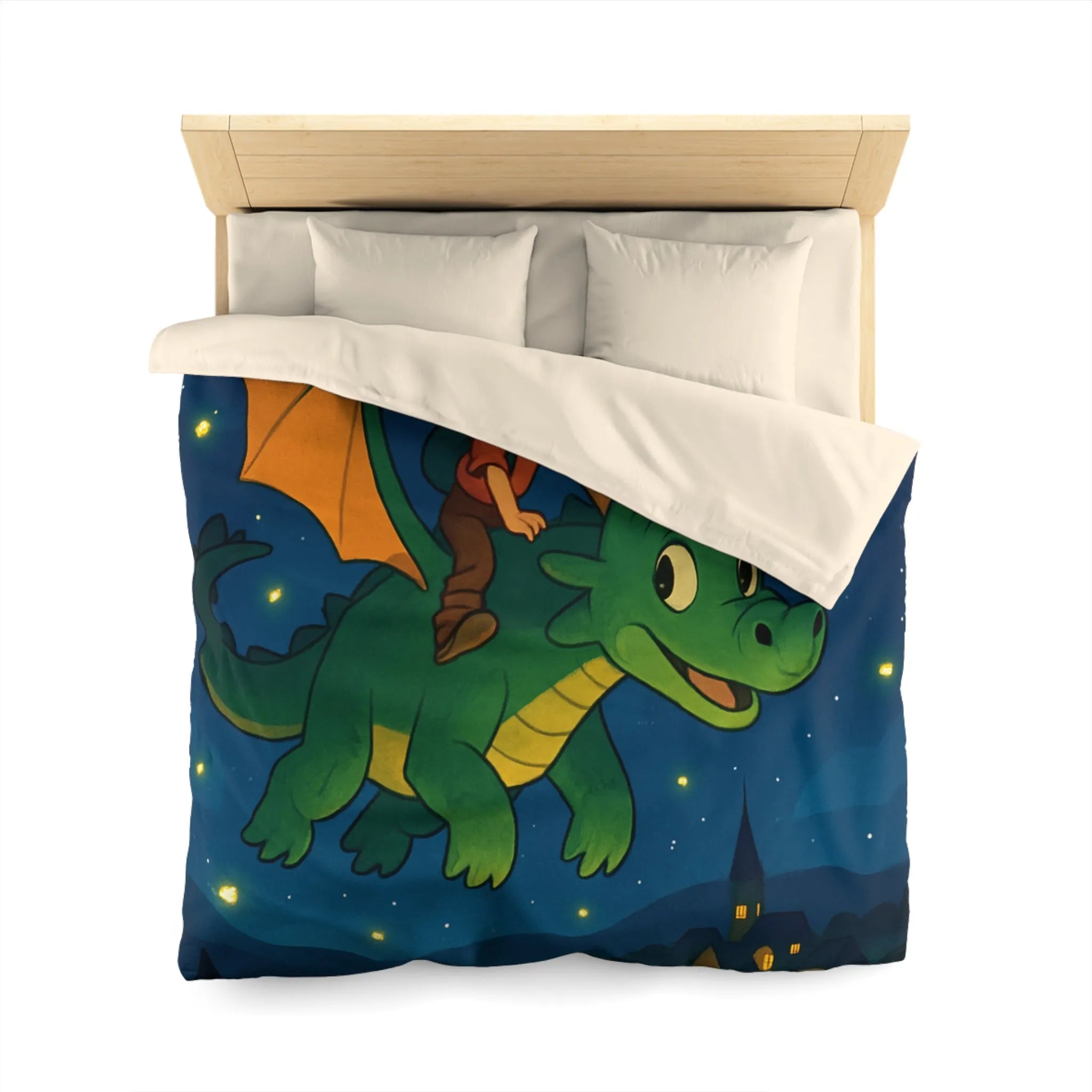 Housse de couette magique avec dragon et enfant volant dans un ciel étoilé