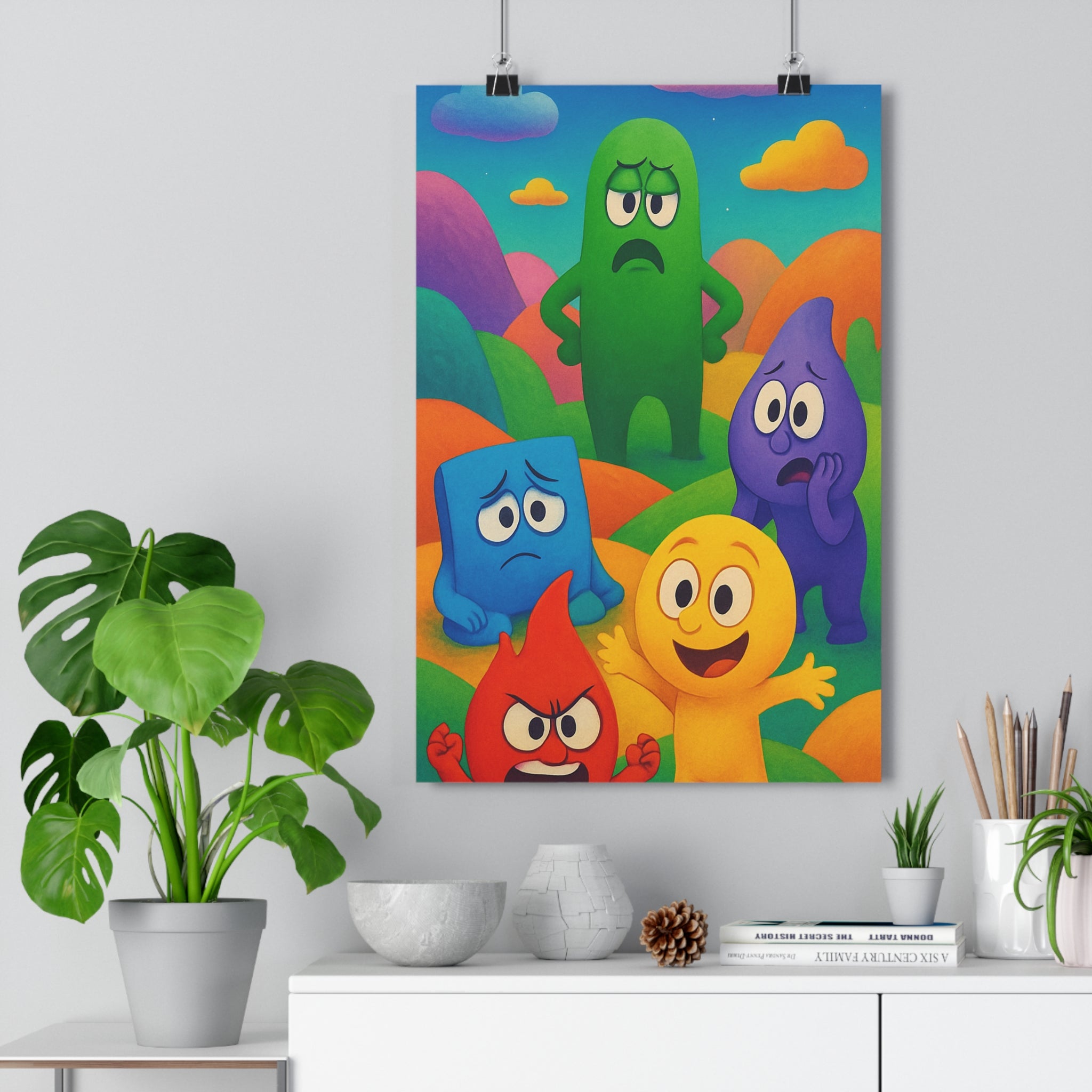 Poster décoratif cartoon coloré joyeux chambre enfant émotion jaune rouge bleu violet vert qualité