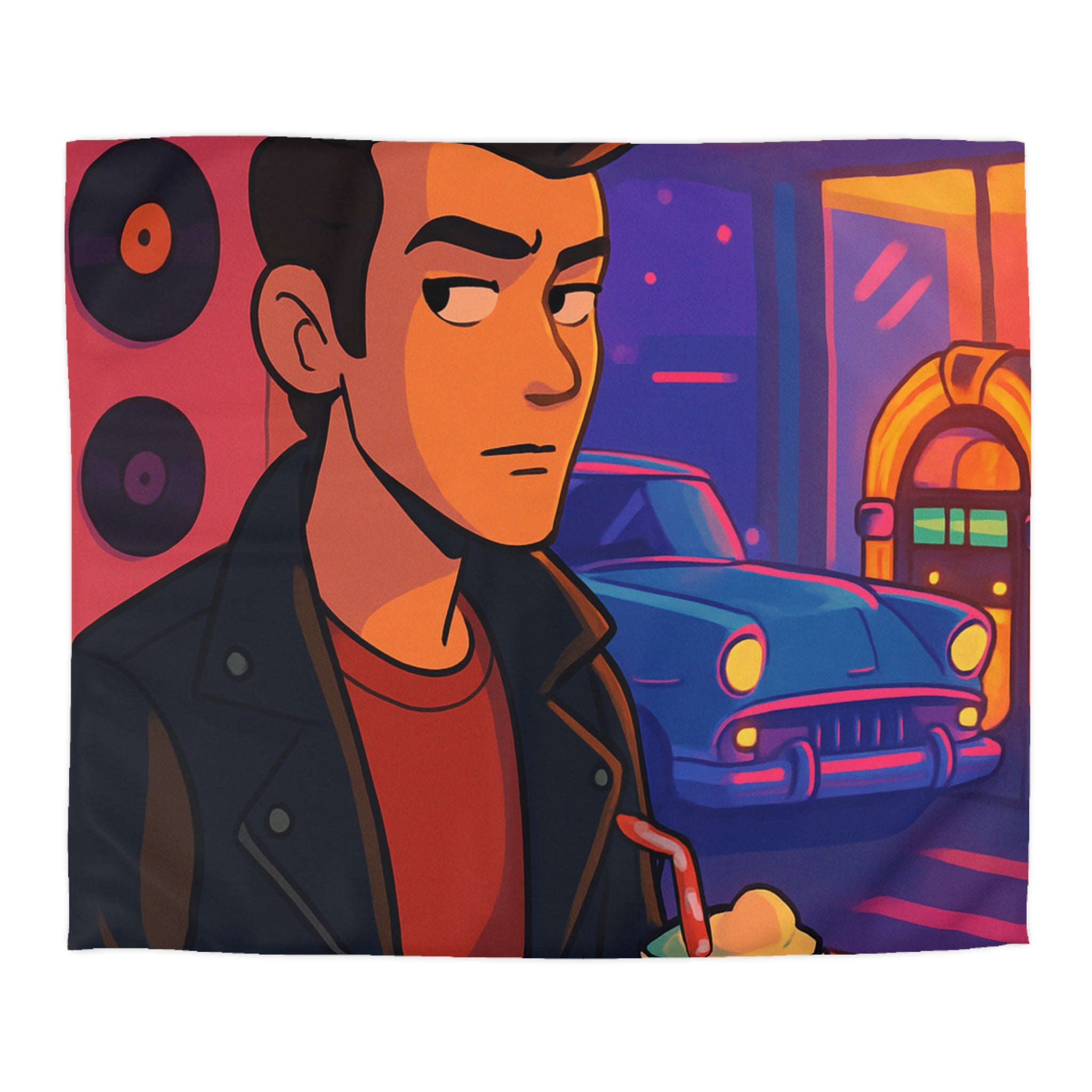 Housse de couette rétro avec voiture vintage et ambiance néon au style coloré