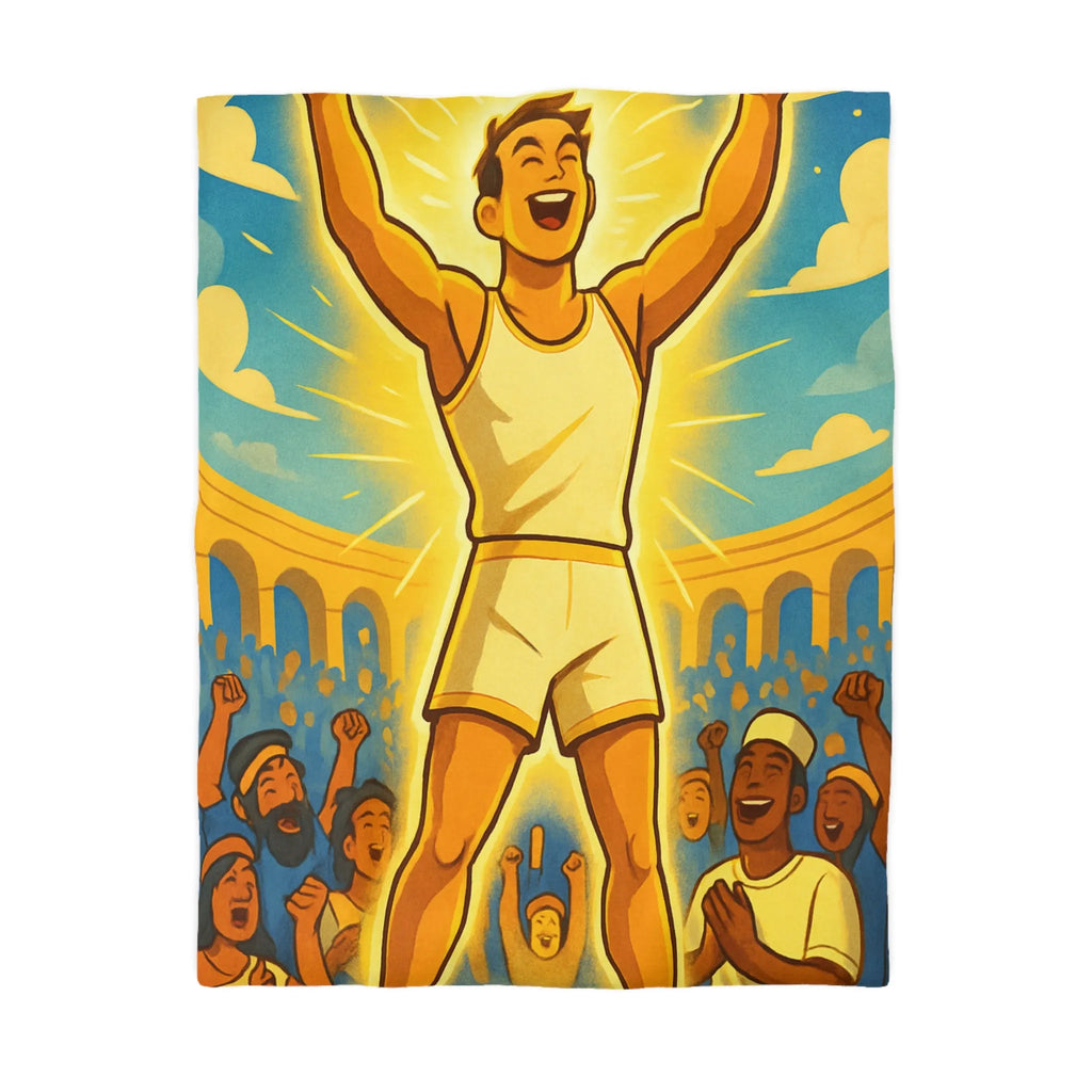 Housse de couette lumineuse avec athlète triomphant dans une arène ensoleillée vibrante