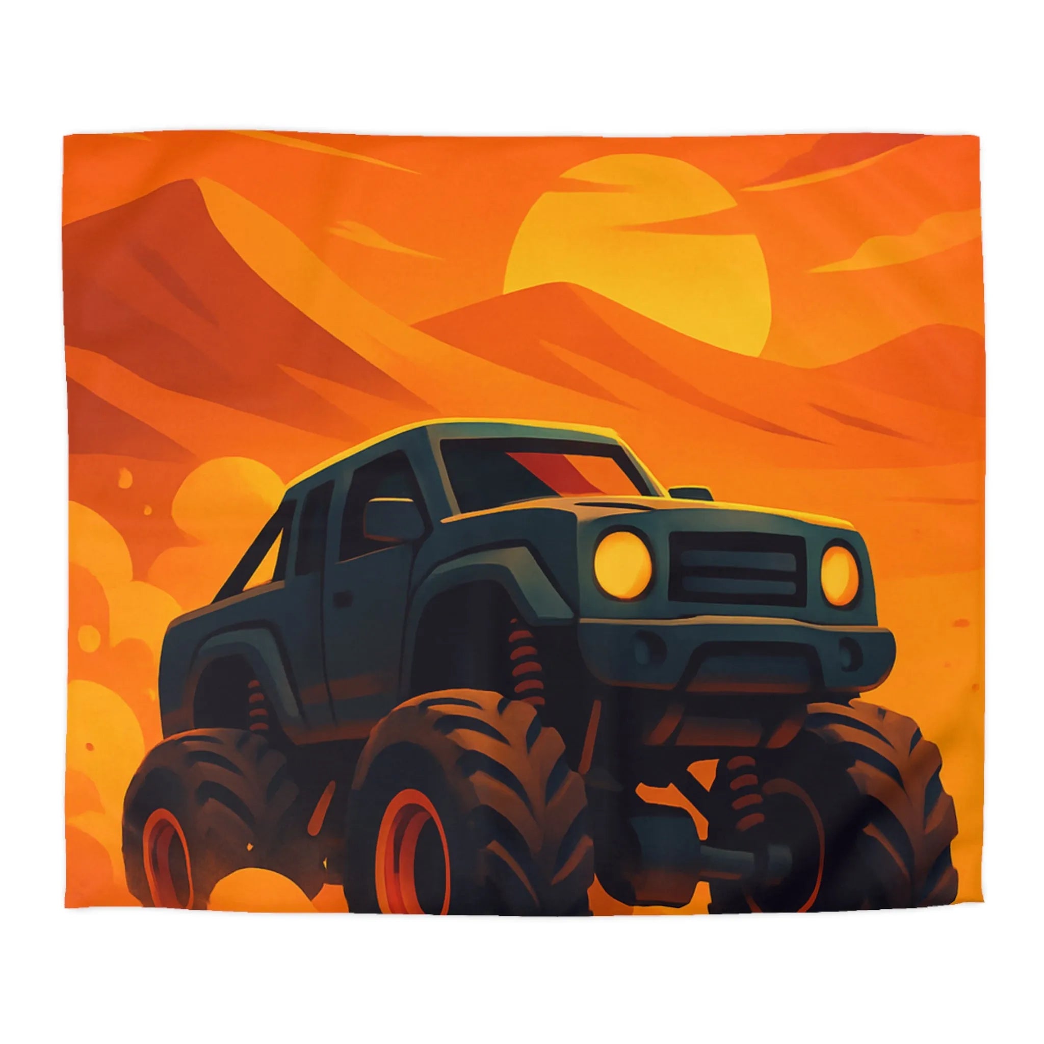 Housse de couette camion monstres désert coucher de soleil aventure pour chambre d'enfant