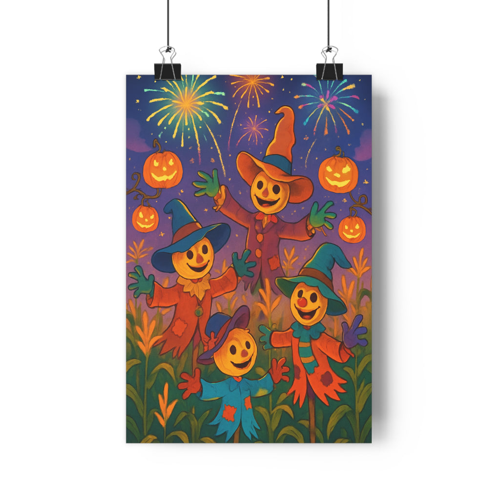 Poster décoratif halloween épouvantails cartoon automne joyeux citrouilles rouges jaunes festif salon enfant chambre