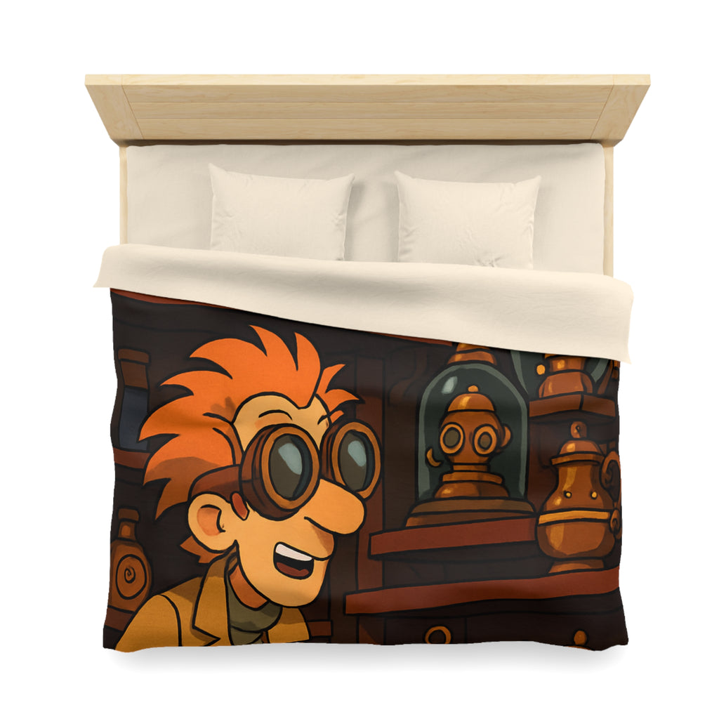 Housse de couette steampunk avec engrenages dorés et inventeur aux lunettes futuristes