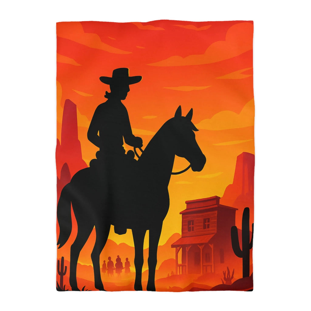 Housse de couette Far West cavalier cheval silhouette coucher de soleil scène désertique