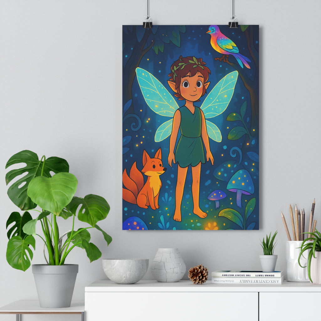 Poster décoratif féerique bleu vert magique enfant chambre forêt mystique lumineux apaisant 30x46 fantaisie