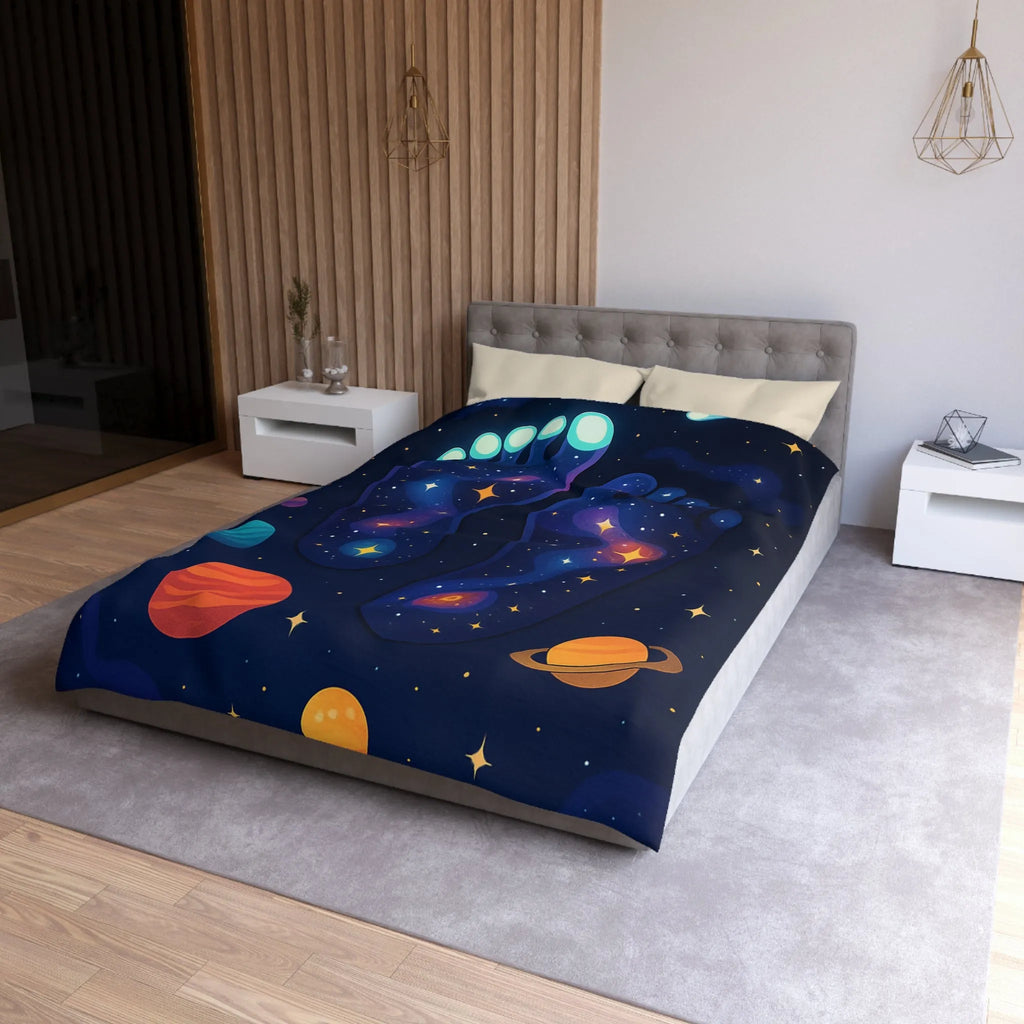 Housse de Couette Cosmos Enchanté avec Motifs de Pieds Galactiques Étincelants et Planètes