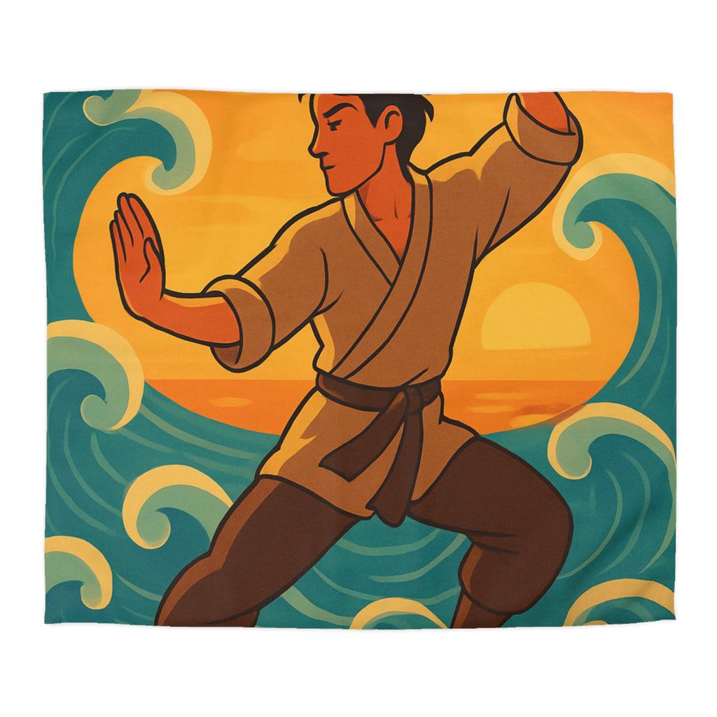 Housse de Couette Style Japonais Art Martial Coucher de Soleil et Océan Bleu