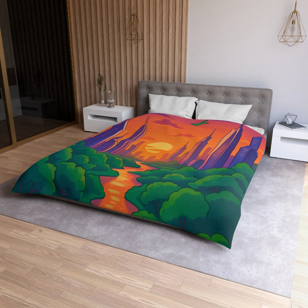 Housse de couette avec illustration urbaine et naturelle au coucher du soleil envoûtant