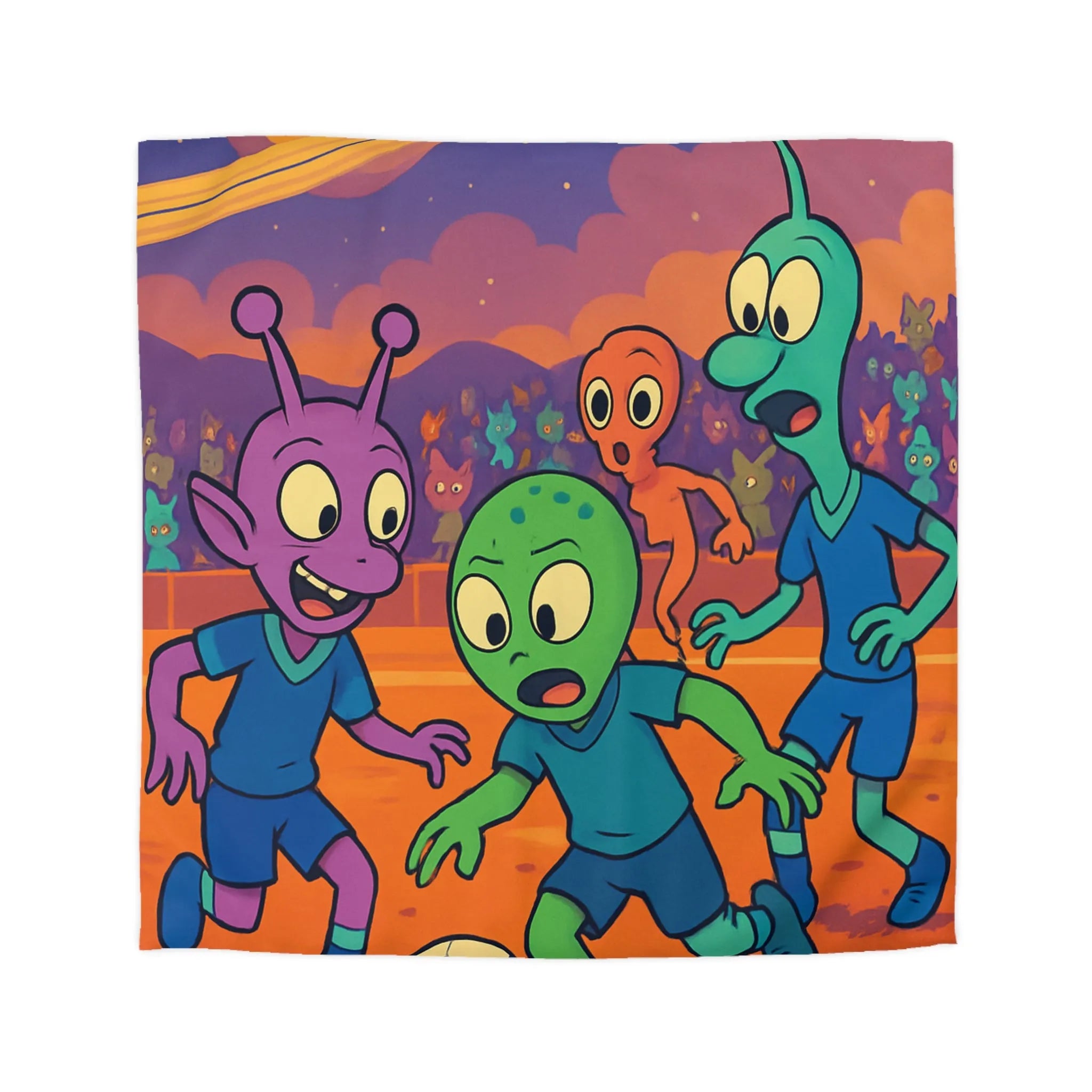 Housse de couette colorée avec extraterrestres jouant au football sous un ciel étoilé