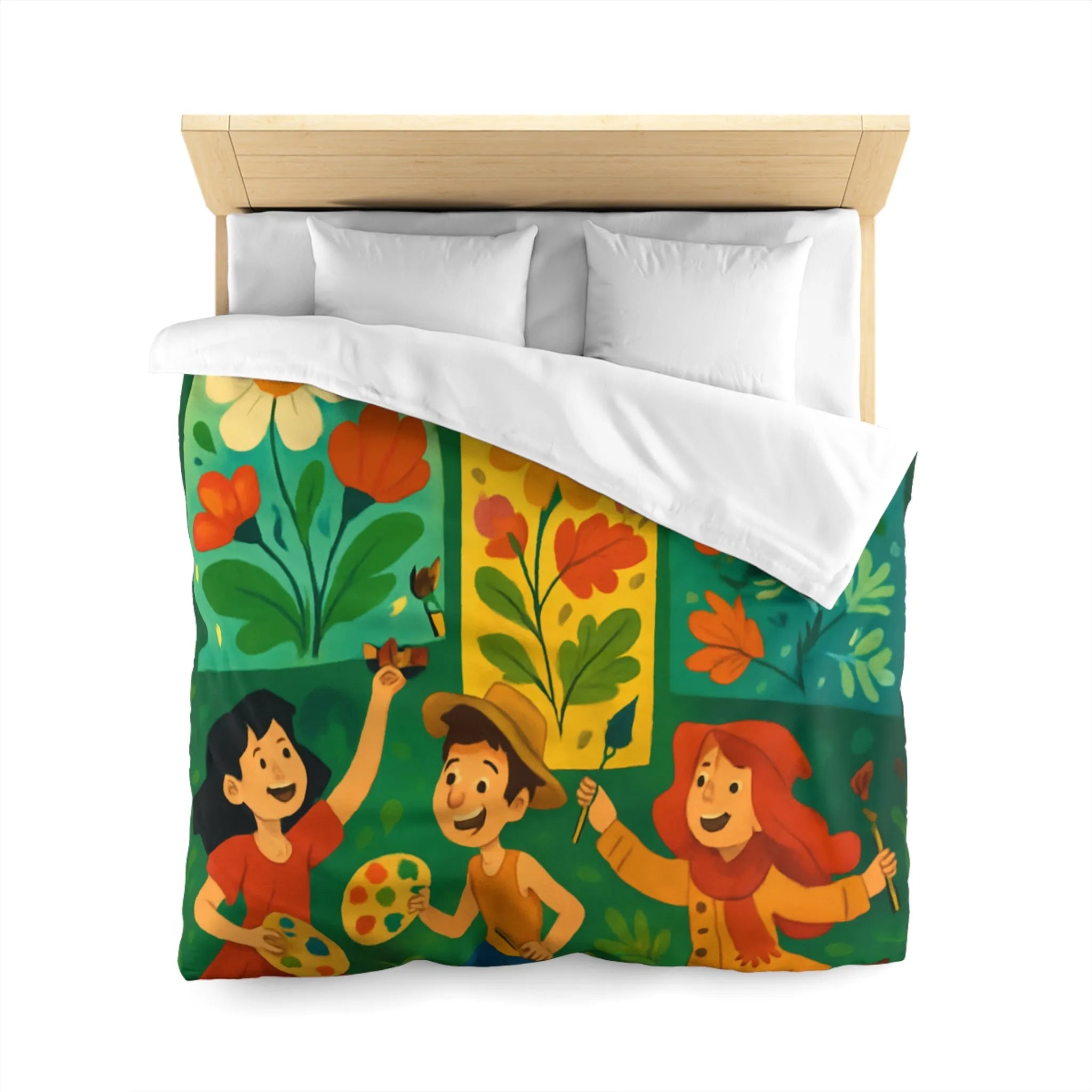 Housse de couette colorée avec design floral et personnages ludiques pour chambre joyeuse