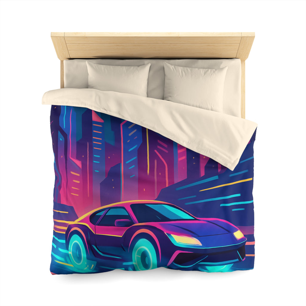 Parure de lit futuriste avec voiture néon sous lune pleine en ville vibrante