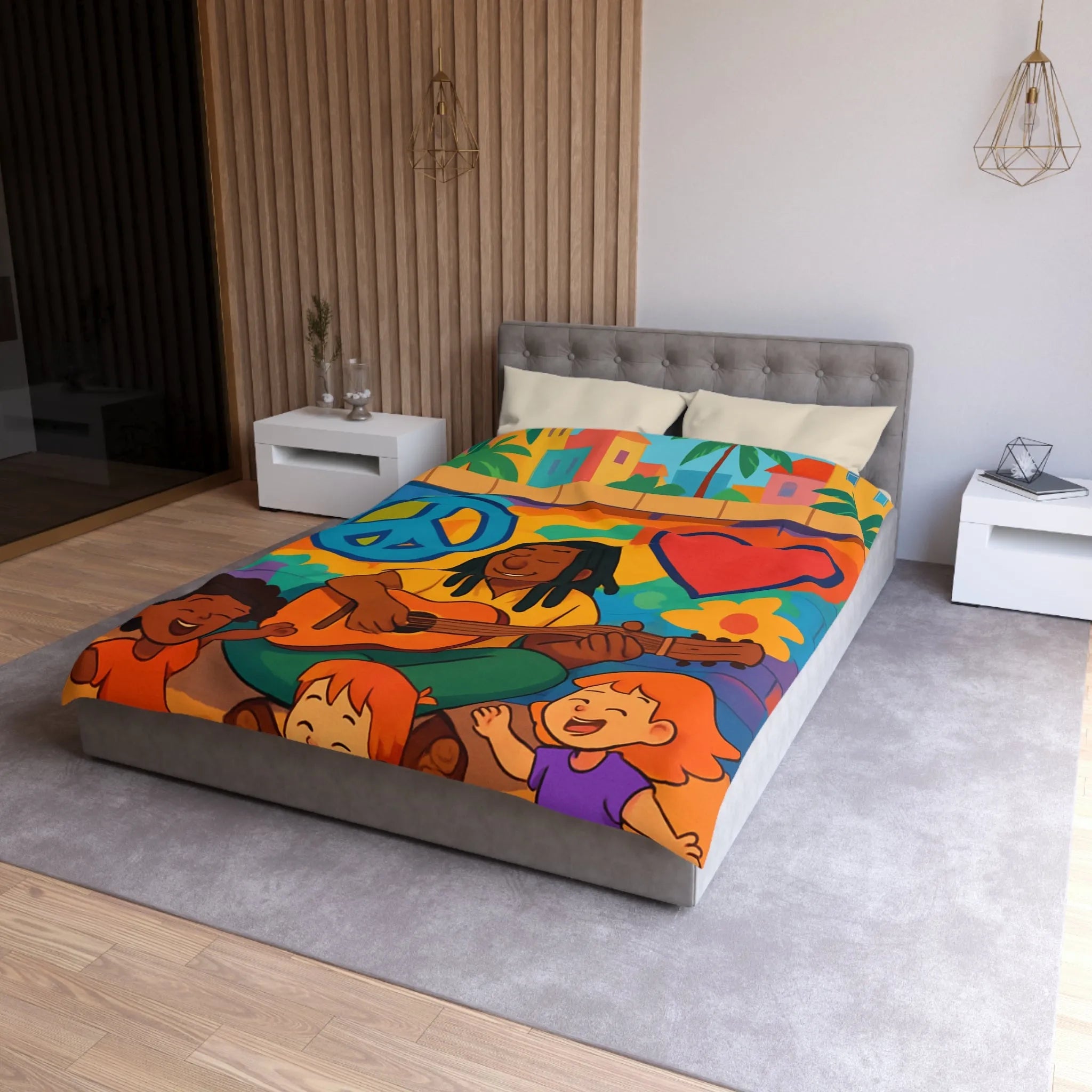 Housse de Couette Colorée avec Musicien Jouant de la Guitare pour Enfants Heureux