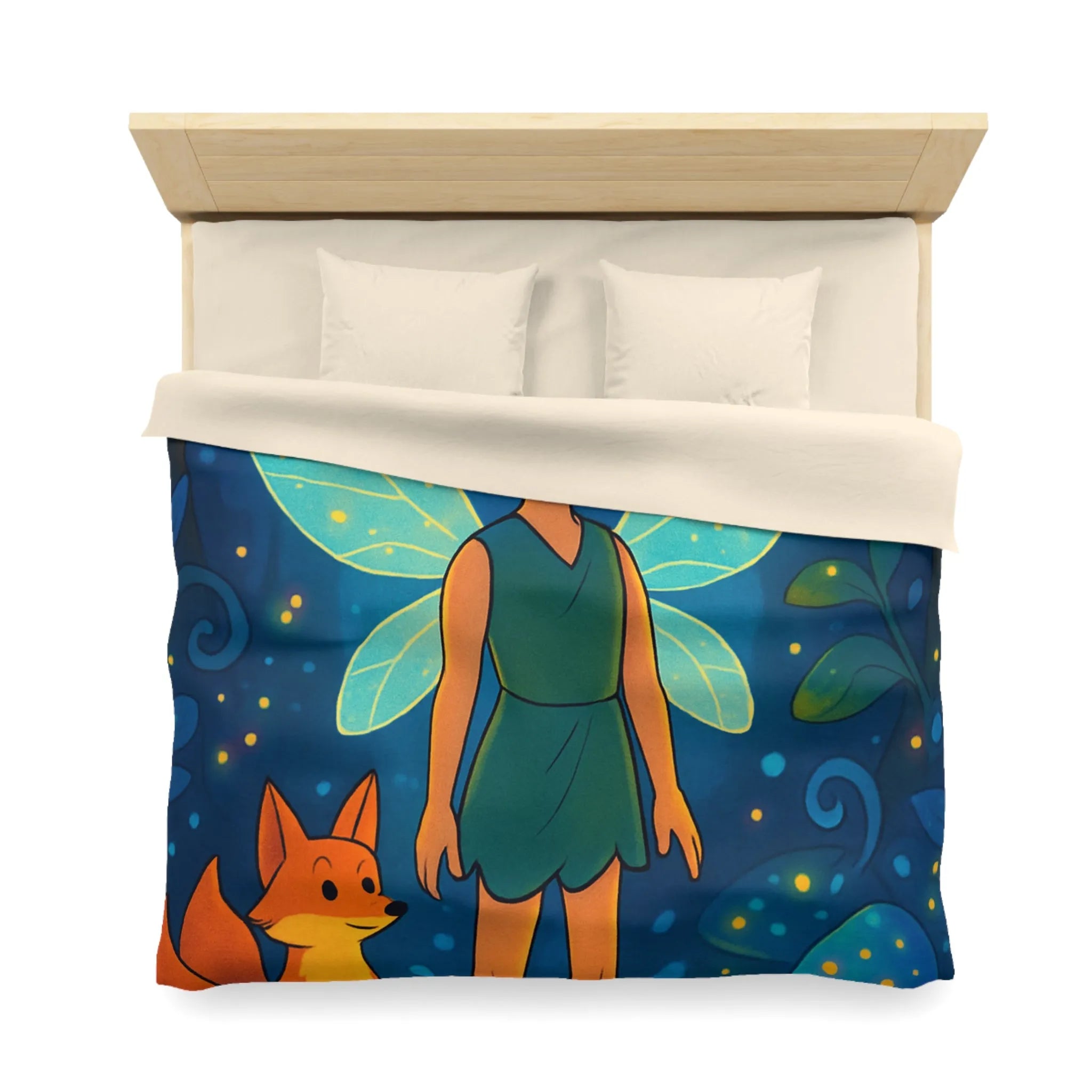Housse de Couette Féerique avec Fée Ailée et Renard dans Forêt Enchantée Multicolore