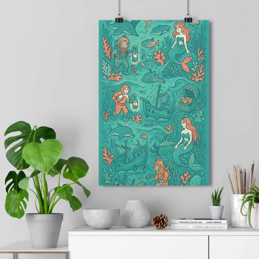 Poster décoratif marin aventure turquoise orange cartoon enfant chambre créatif scaphandre épave mystérieux poisson