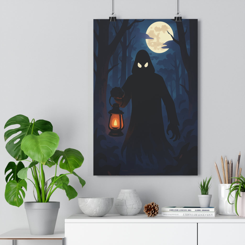 Poster décoratif sombre mystérieux cartoon silhouette forêt lune chambre ambiance inquiétante personnage arbre qualité