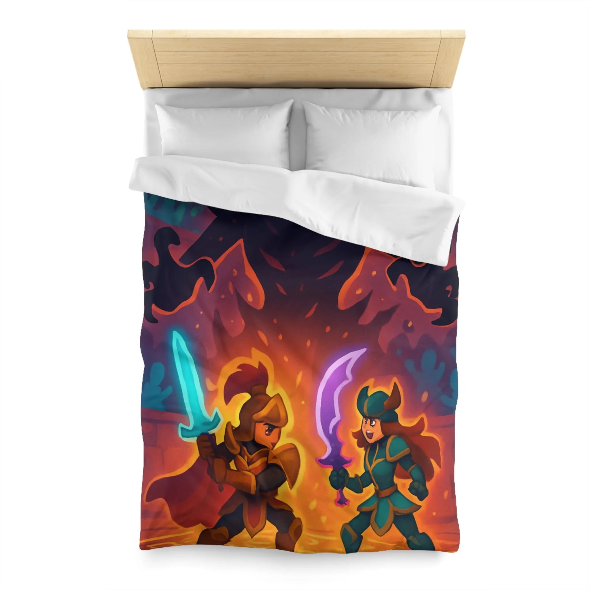 Housse de couette avec illustration fantasy de chevaliers affrontant ombre menaçante au théâtre