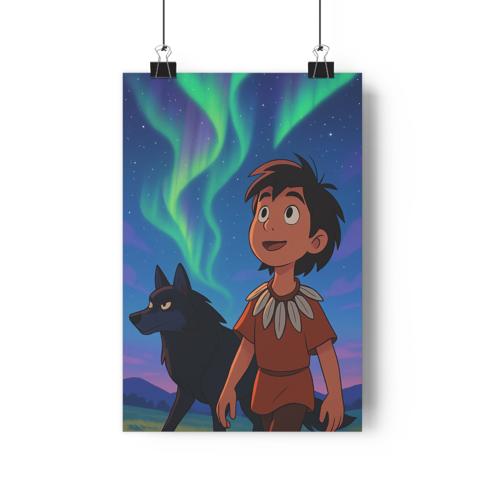 Poster décoratif cartoon vert violet magique enfant chambre féerique serein 30x46 folklore loup étoilé