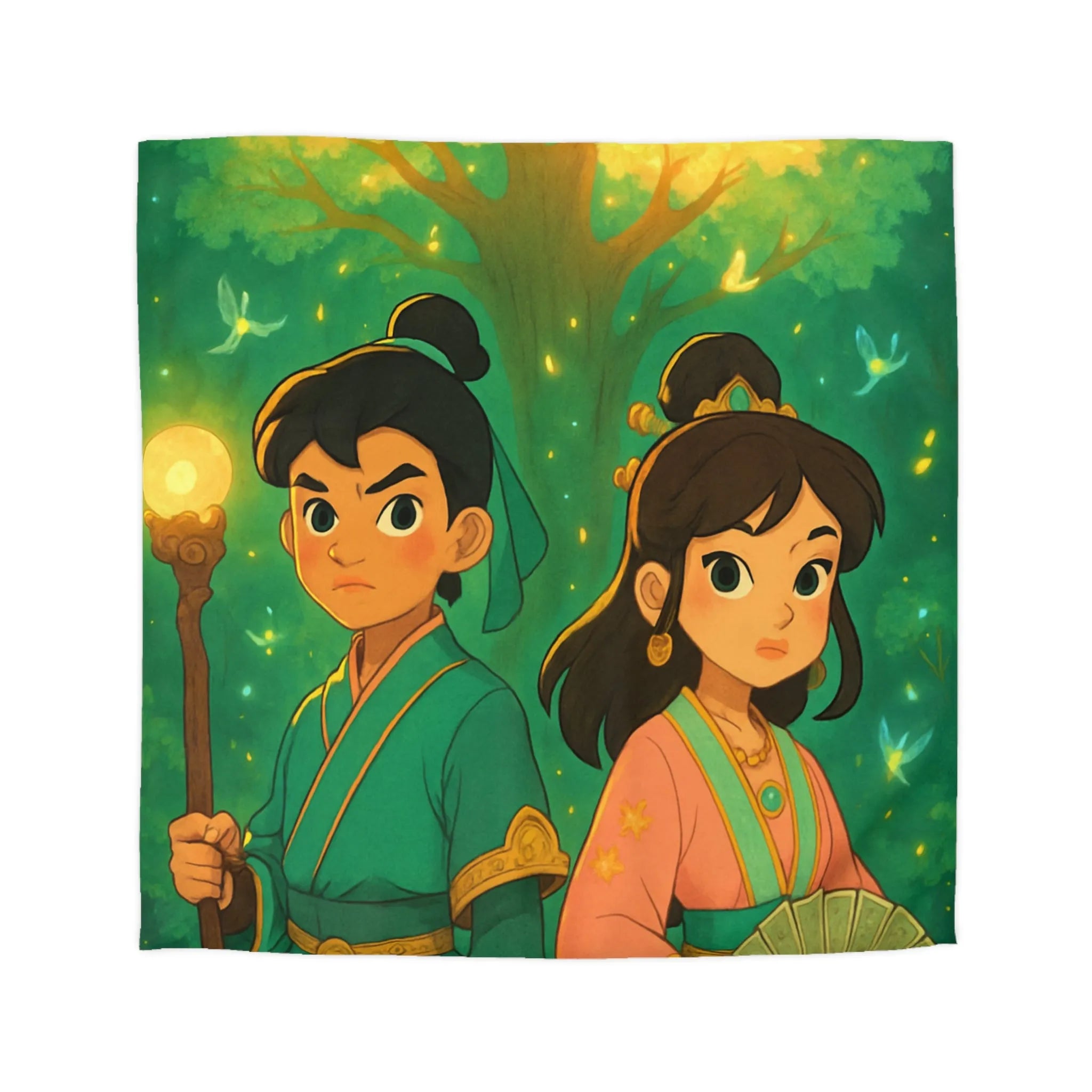 Housse de Couette Féérique Enfants avec Arbre Lumineux et Personnages Style Fantasy Coloré