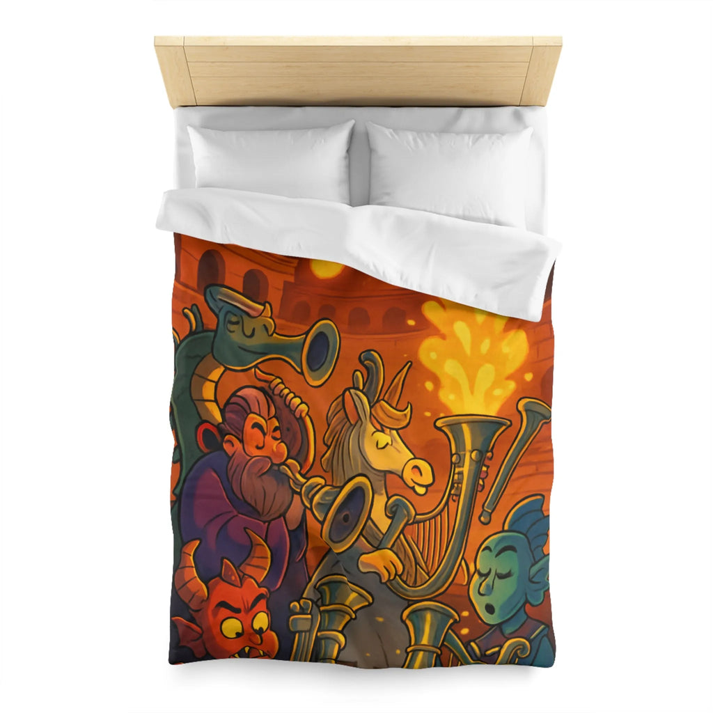 Housse de couette fantastique illustrée avec dragons, musiciens mythiques et couleurs flamboyantes