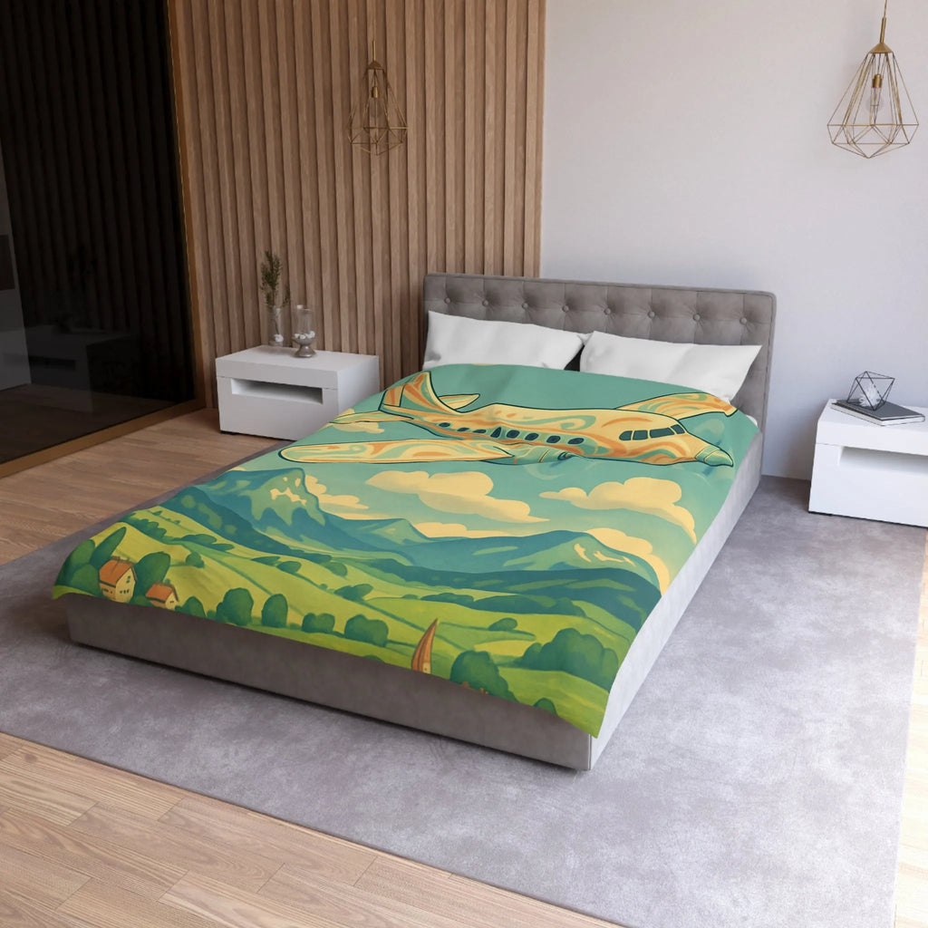 Housse de couette illustrée avion vintage survolant vallée montagneuse ensoleillée et paisible