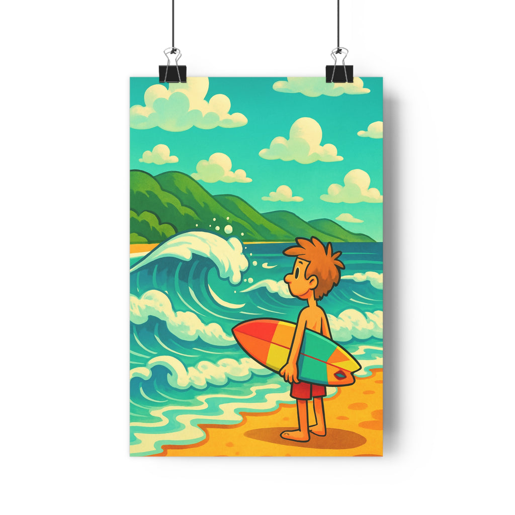 Poster décoratif cartoon plage bleu vert aventure enfant surf vibrant dynamique océan collines vagues