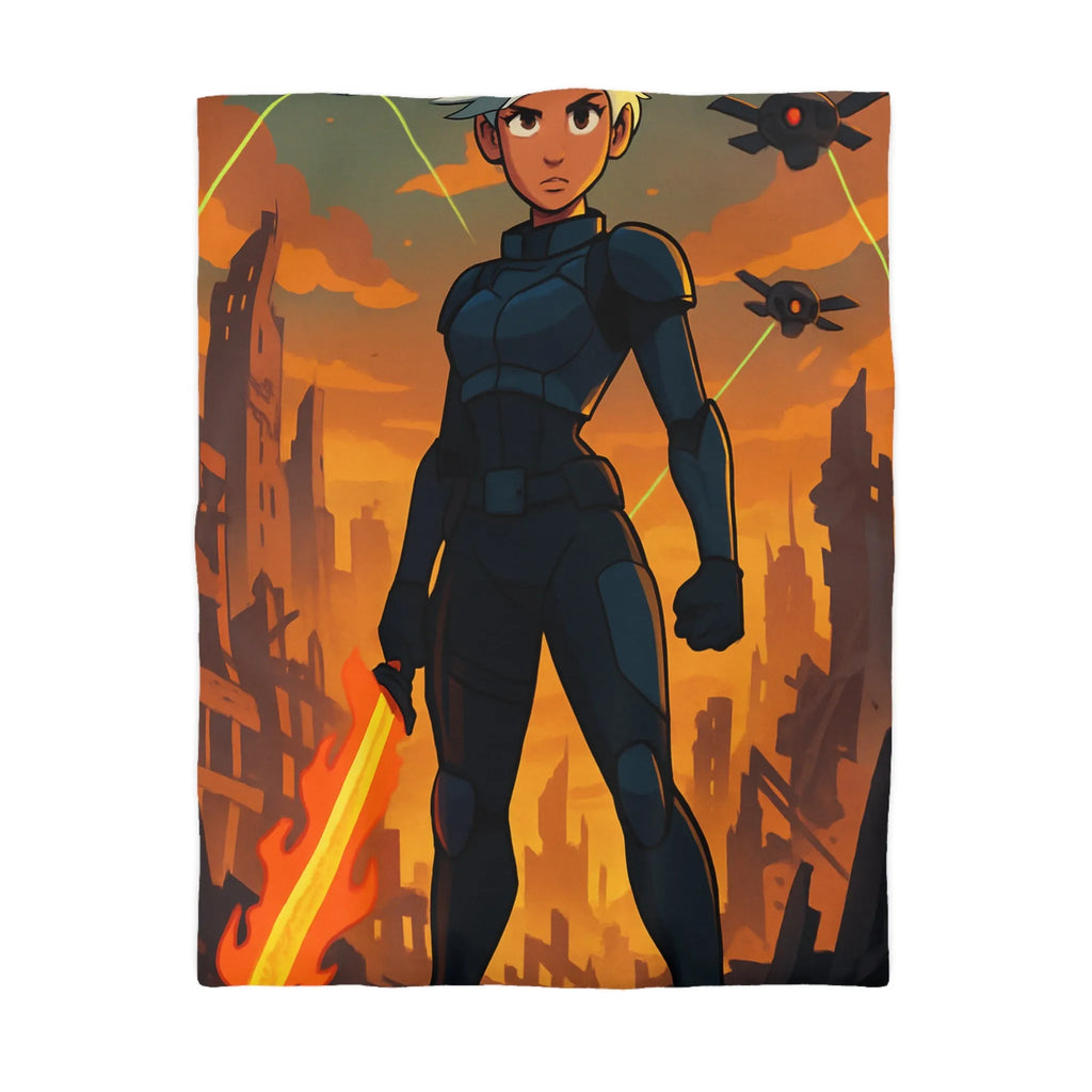 Housse de couette héroïque avec guerrier futuriste, drones volants et paysage apocalyptique