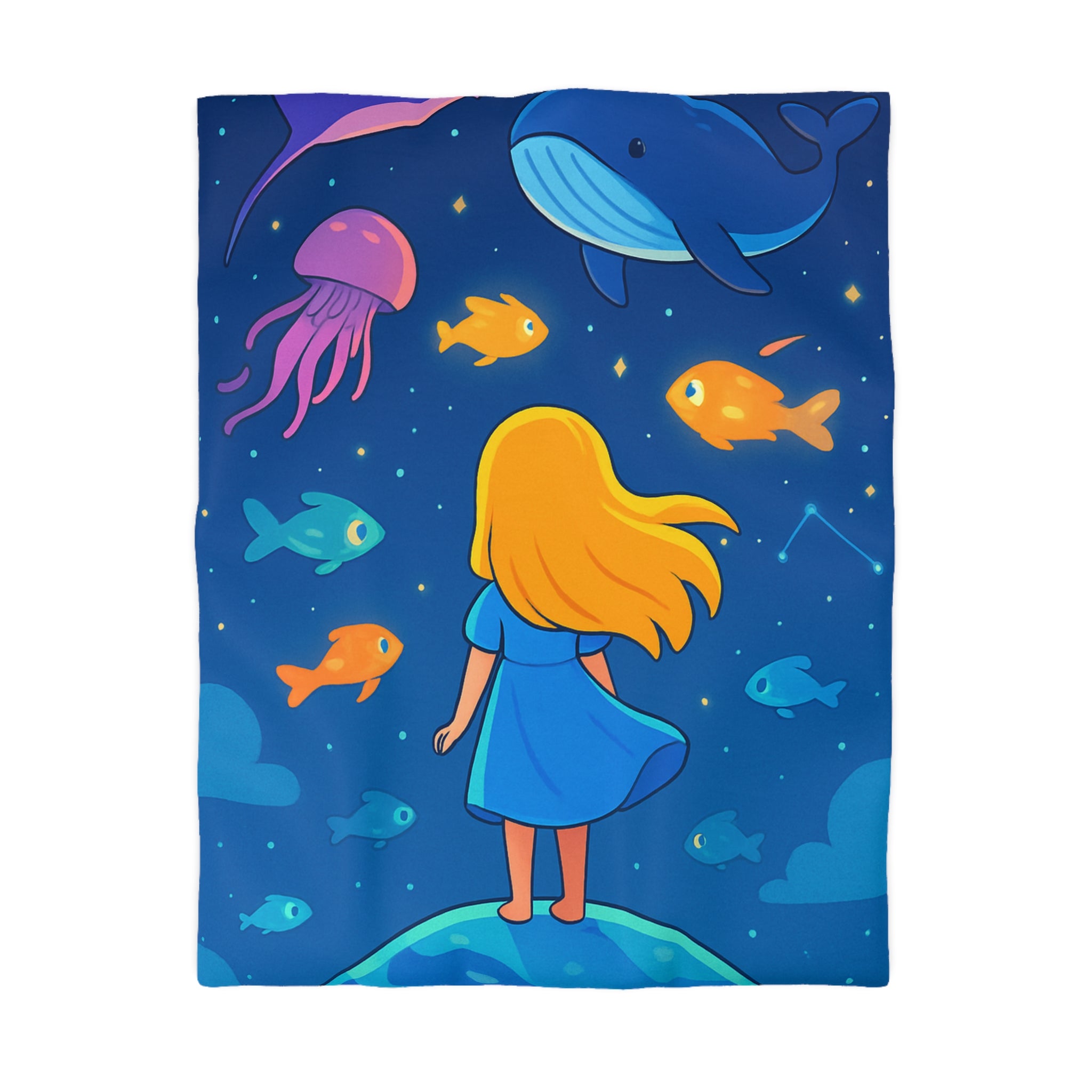 Housse de couette océane enfantine avec animaux marins, étoile ciel bleu magique