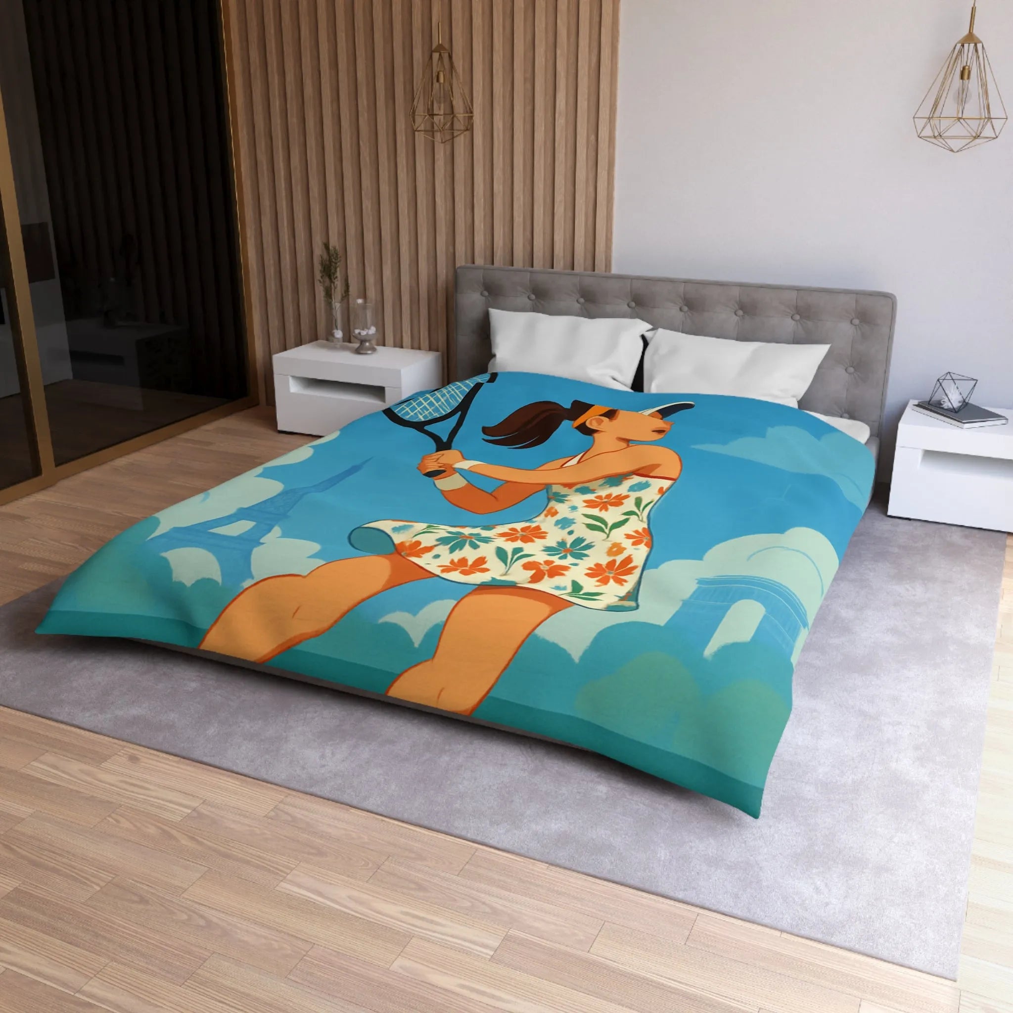 Éclatante Jouneuse de Tennis en Robe Florale avec Décor Parisien et Étoiles Magiques