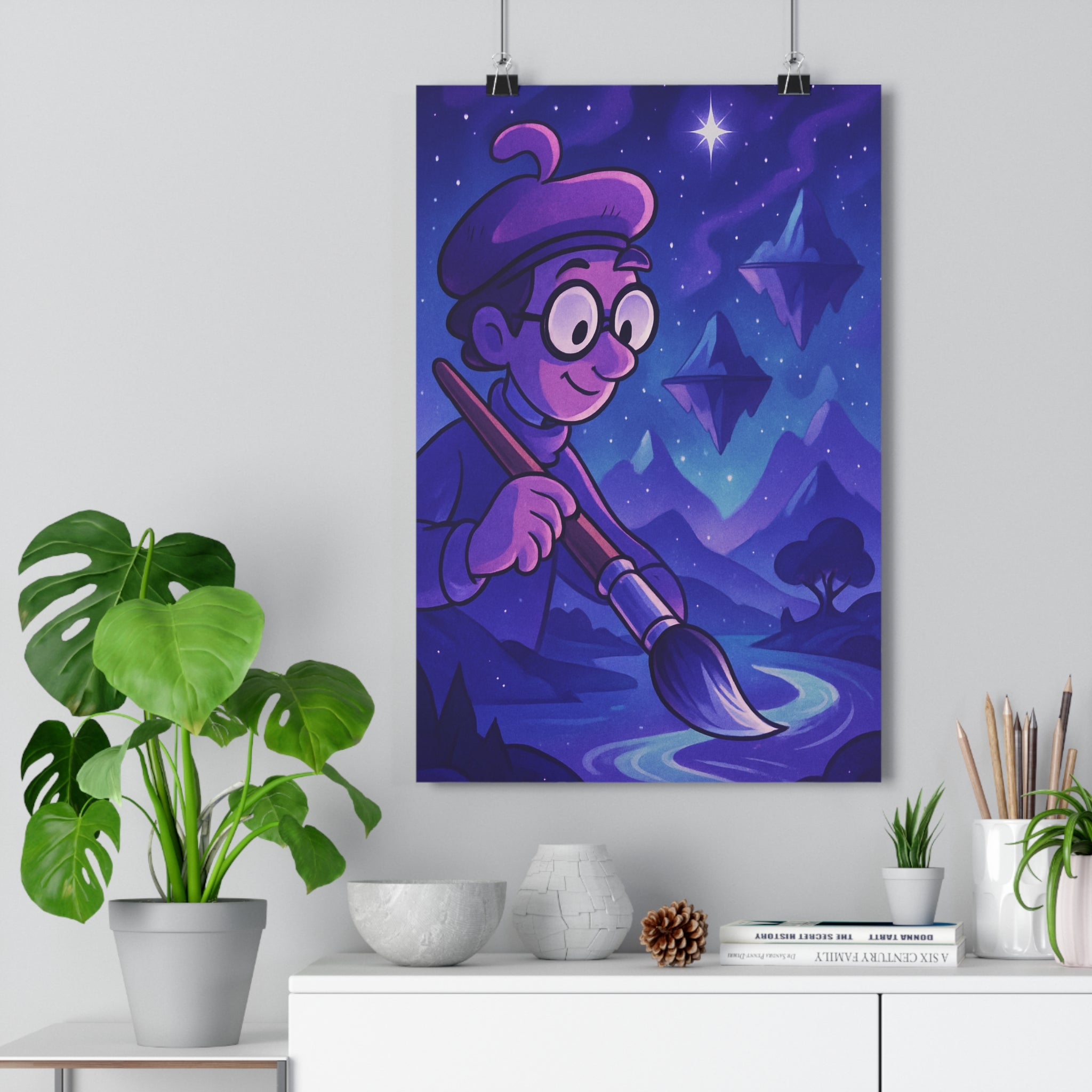 Poster décoratif artistique mystique bleu violet dessin animé surréaliste bureau créatif paysage flottant étoilé
