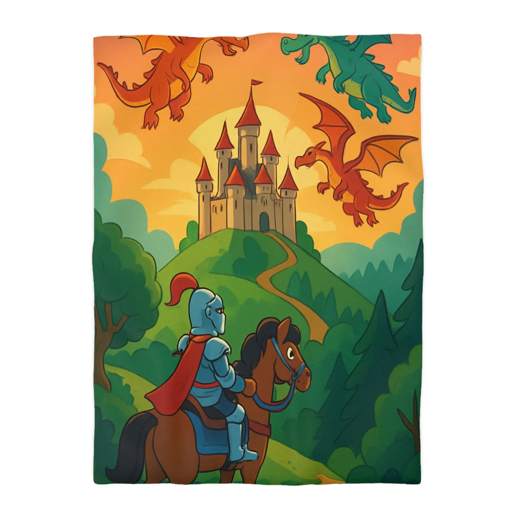 Housse de couette chevalier et dragons colorés pour chambre enfant thème aventure magique