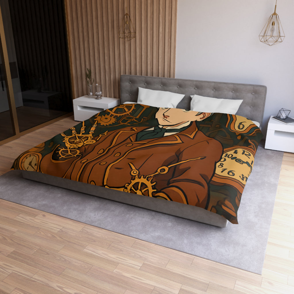 Housse de couette steampunk avec horloges et personnage stylé en tenue victorienne