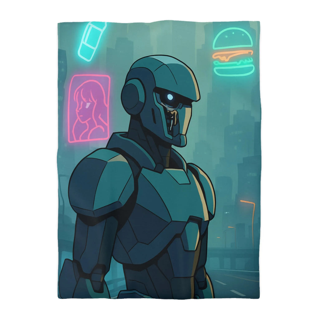 Futuristic Dystopian Cityscape with Neon Lights and Robotic Figure for Bedding Decor