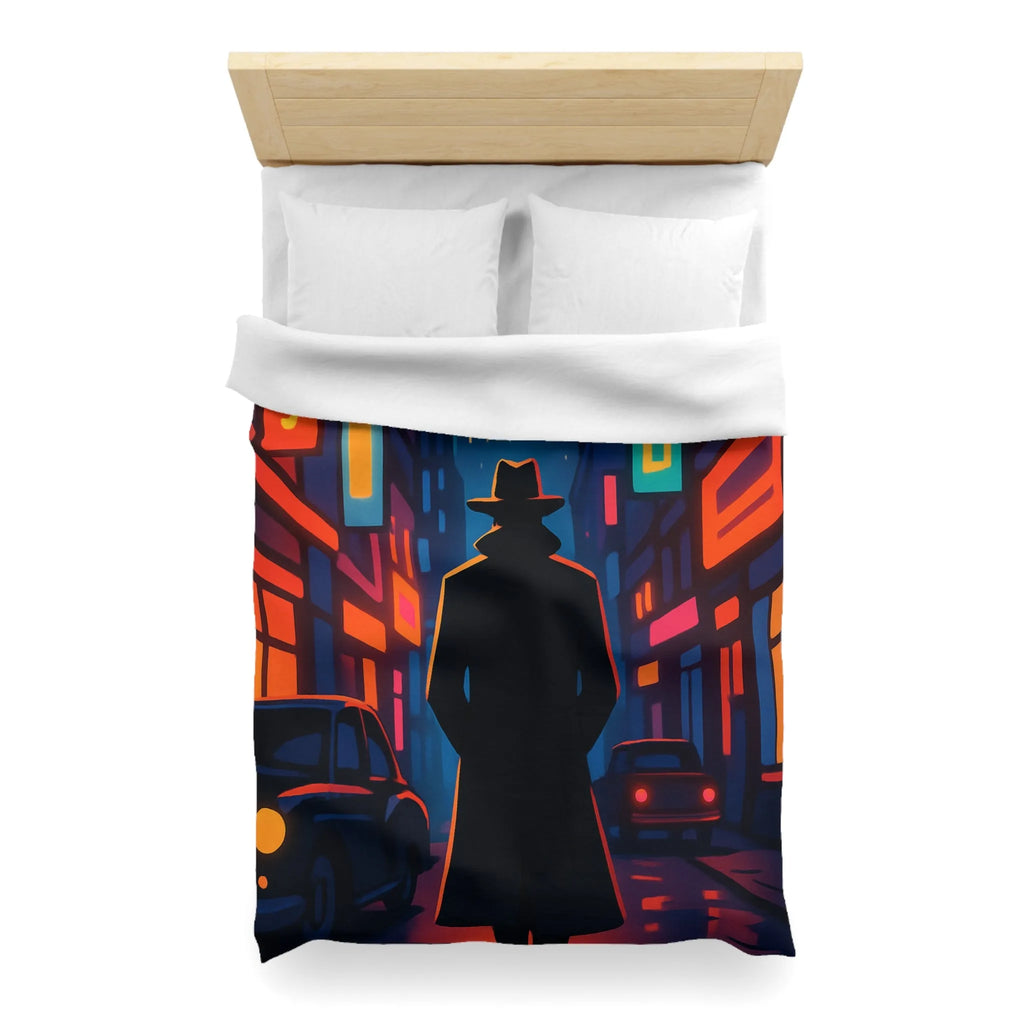 Housse de couette avec silhouette urbaine rétro, lune mystérieuse et néons intenses