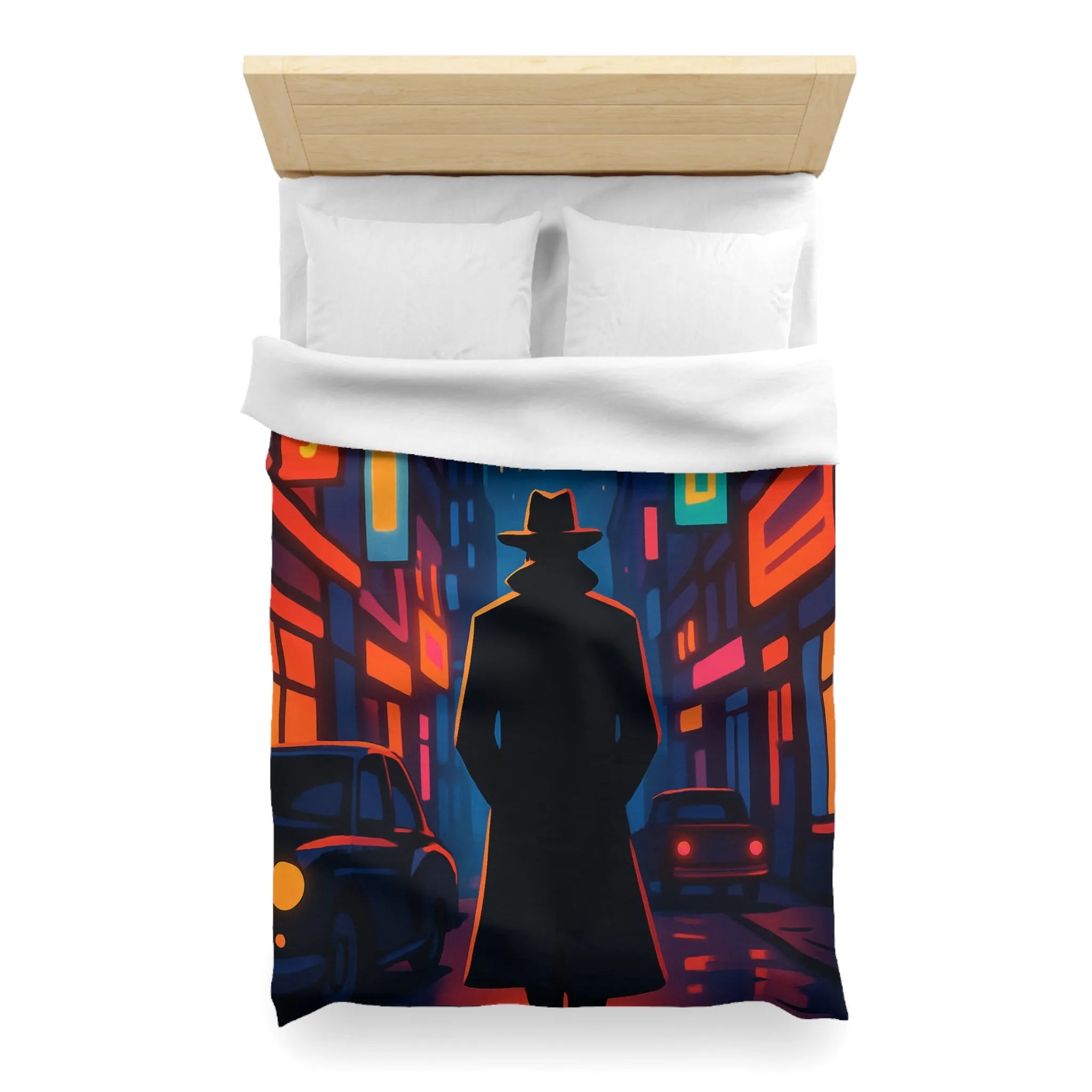 Housse de couette avec silhouette urbaine rétro, lune mystérieuse et néons intenses