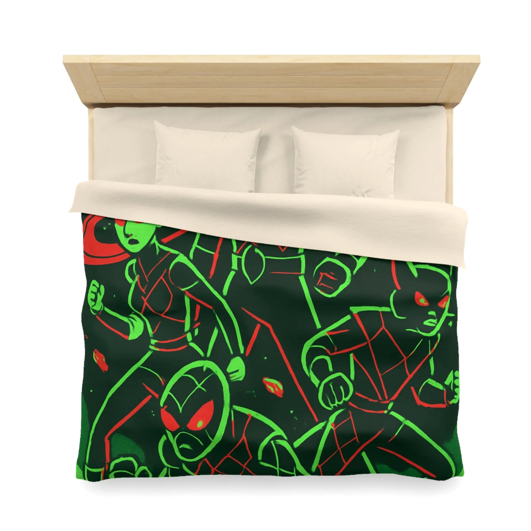Housse de Couette Espace Vert Fluo Avec Quatre Héros En Pleine Action Rouge Noir