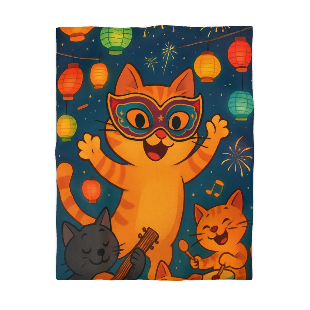 Housse de couette festive avec chats joyeux, feux d'artifice et lanternes colorées