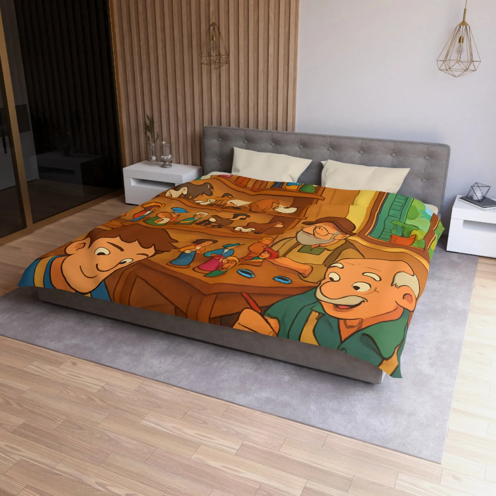 Housse de couette chaleureuse avec scène artisanale, figurines en bois colorées et personnages souriants