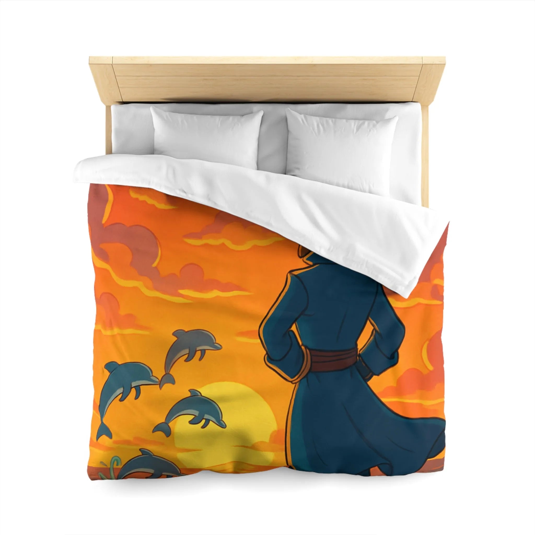 Housse de couette avec pirate contemplant dauphins sous ciel flamboyant au coucher du soleil