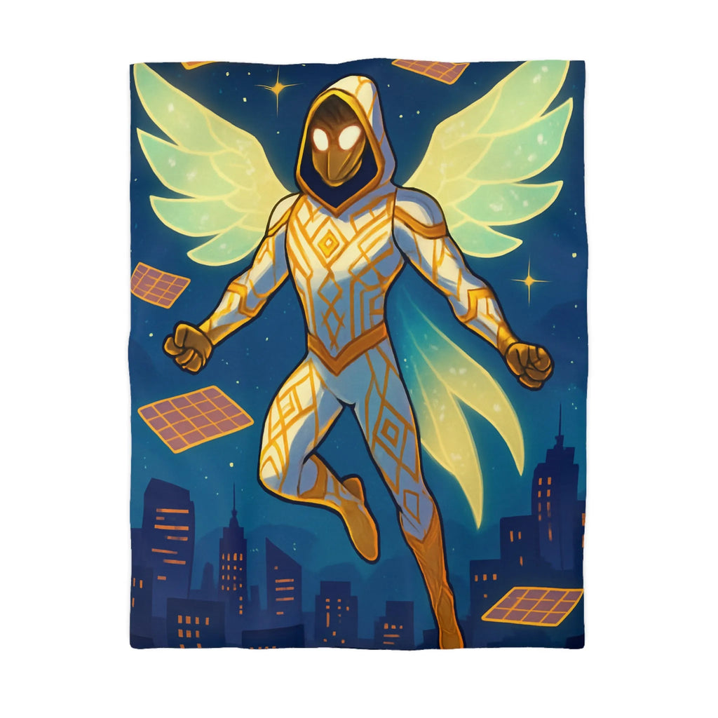 Housse de couette avec héros ailé lumineux sur ciel étoilé et ville futuriste
