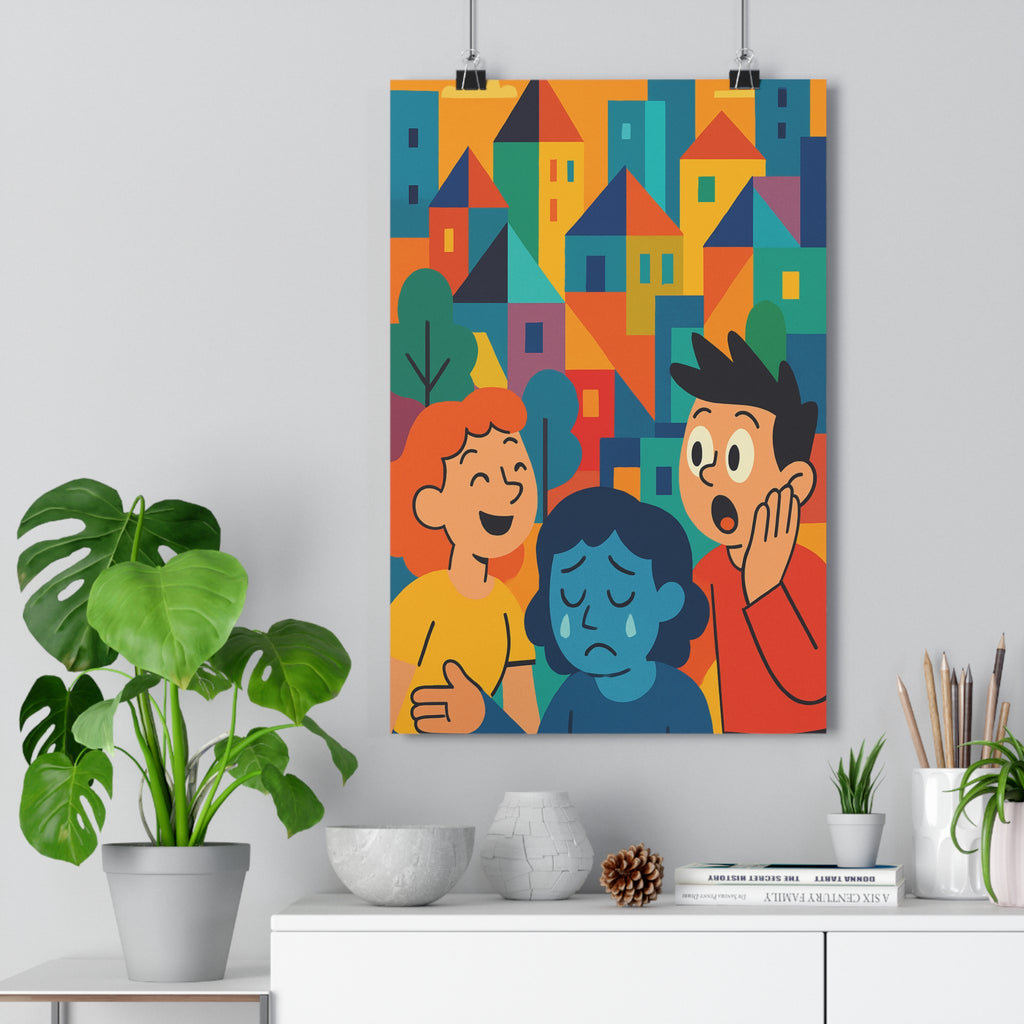 Poster décoratif anime jaune bleu orange urbain dynamique joyeux salon chambre bureau moderne expressif