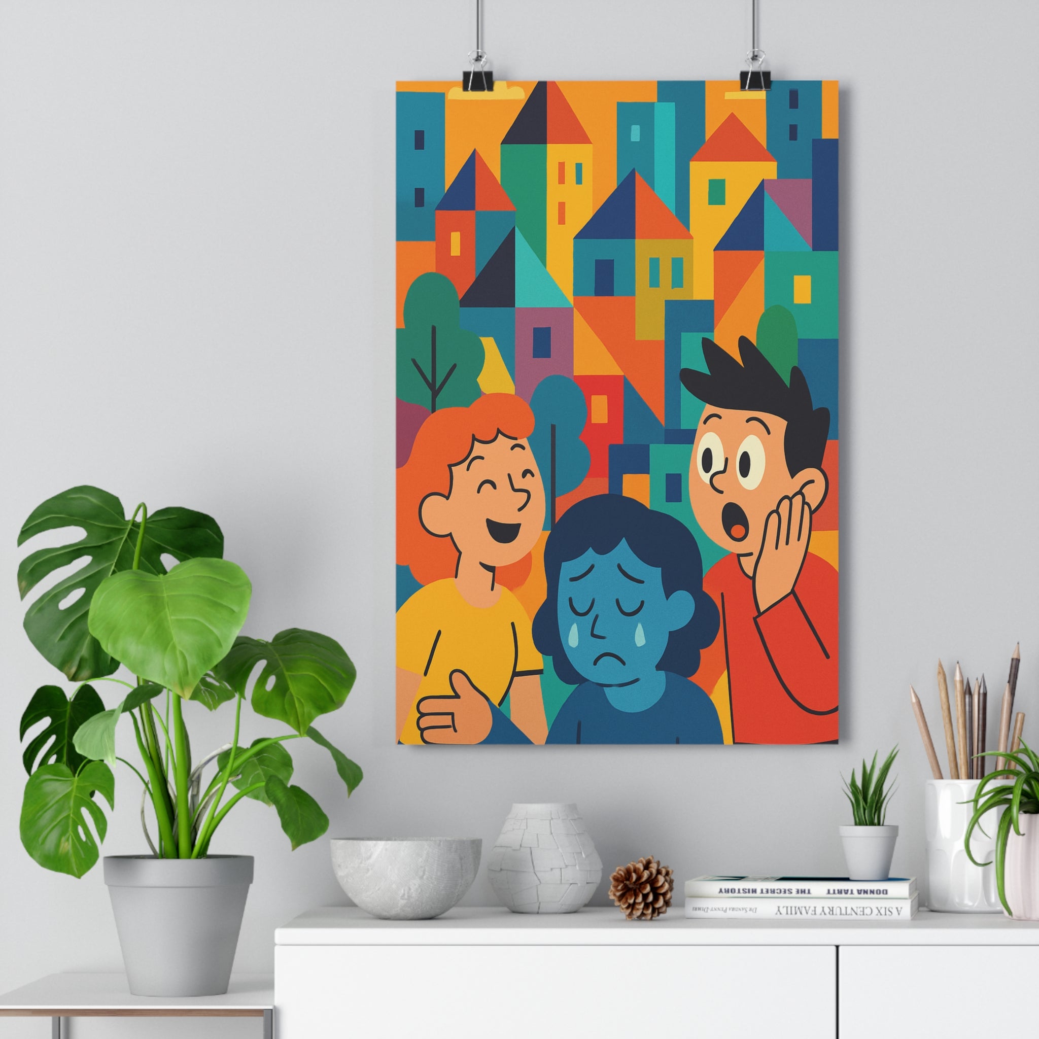 Poster décoratif anime jaune bleu orange urbain dynamique joyeux salon chambre bureau moderne expressif