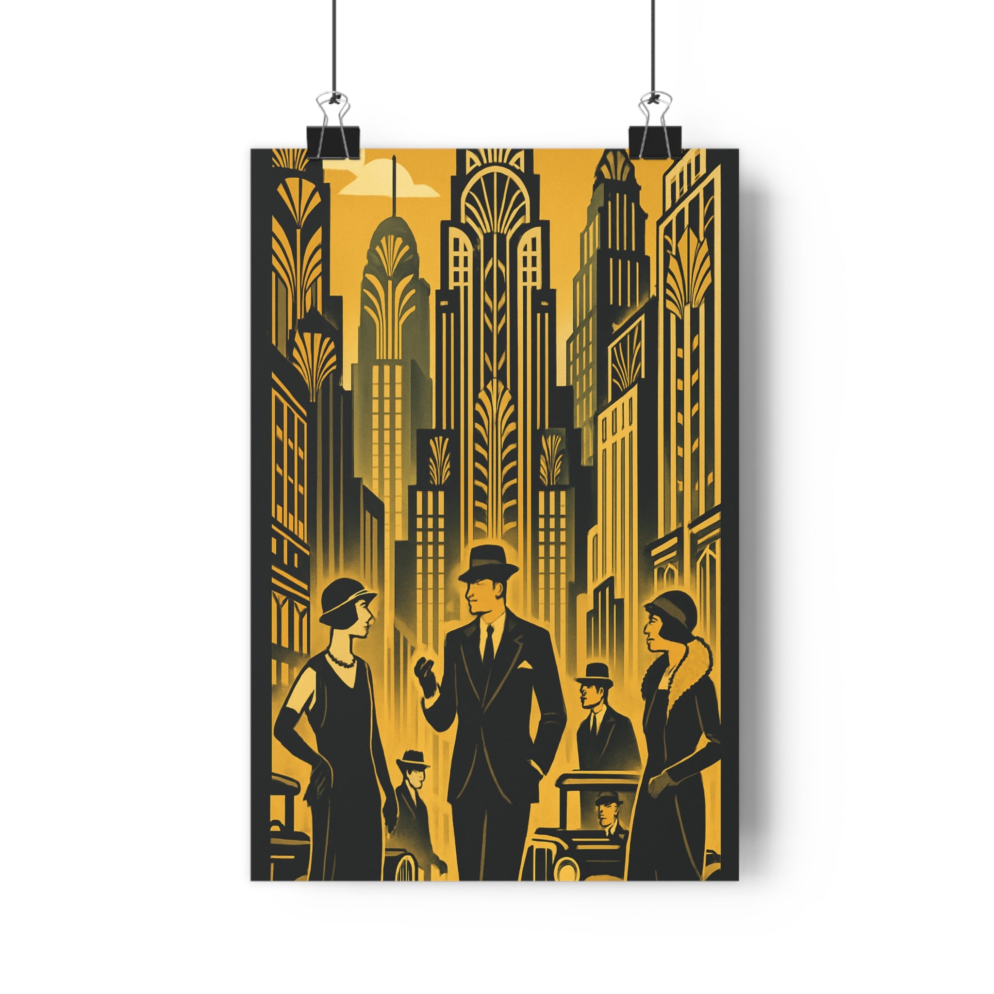 Poster décoratif art déco jaune noir rétrofuturiste urbain salon bureau élégant sophistiqué format 30x46