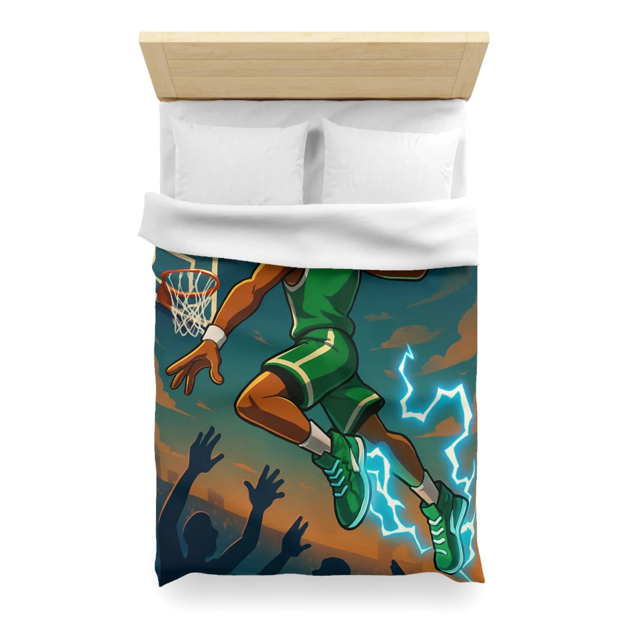 Housse de couette basket dynamique avec joueur en plein slam dunk lumineux