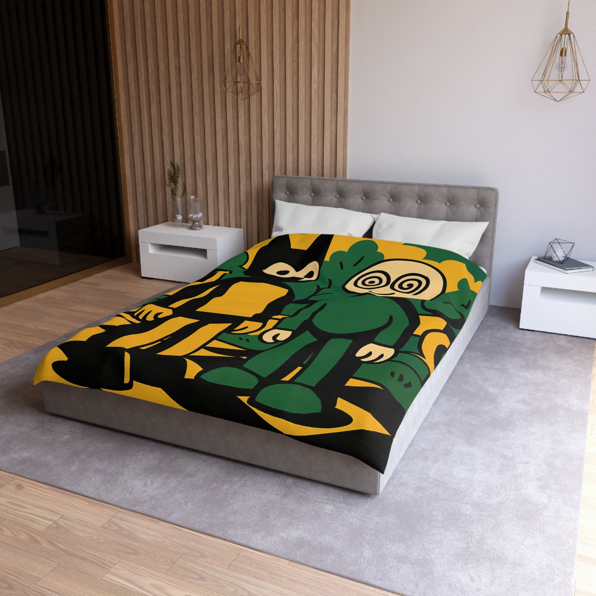 Housse de couette style pop-art cartoon avec personnages et paysage graphique original